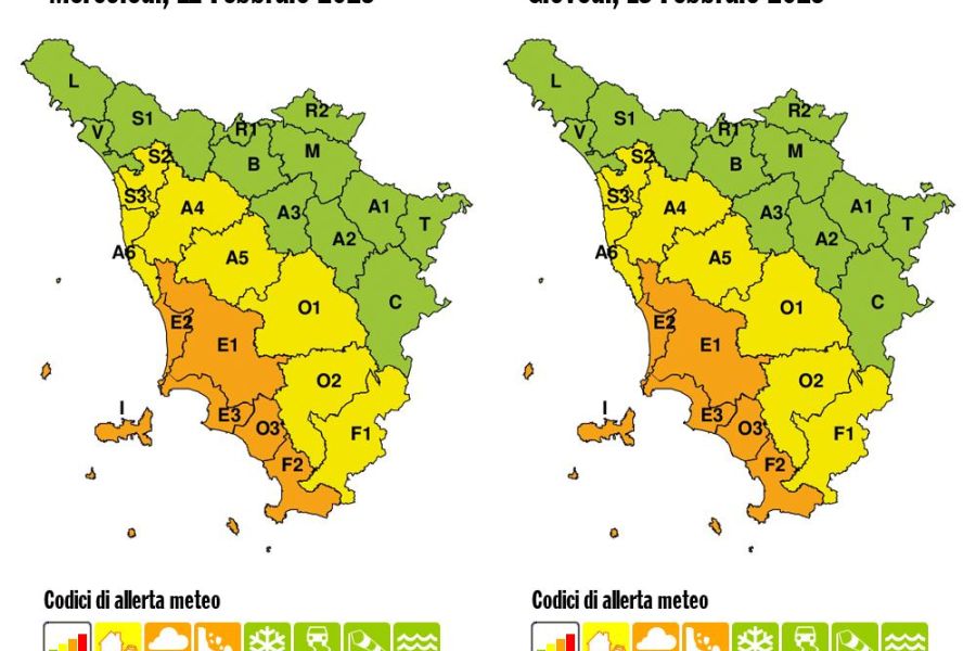 Allerta meteo in Toscana, esteso all’intero 13 febbraio il codice arancione per temporali e rischio idrogeologico